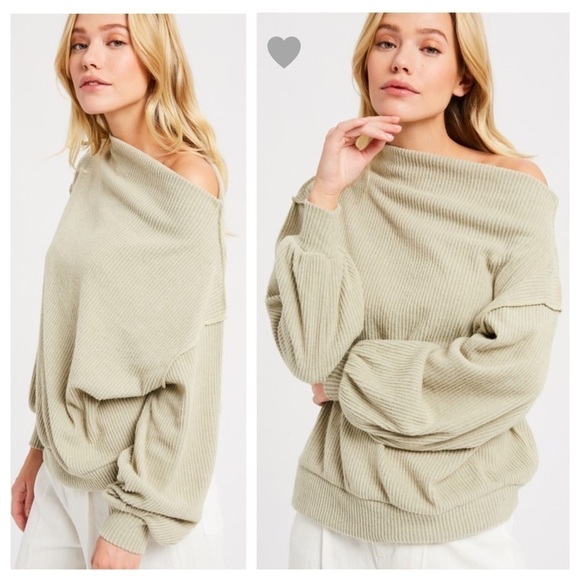 Off the Shoulder Brushed Ribbed Pullover - Picture 1 of 5